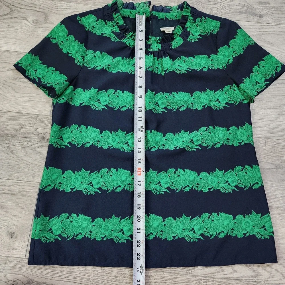 J CREW‎ Women's 6 Meghan Markle Ruffle Beanstalk Stripe High Neck Top Navy Green